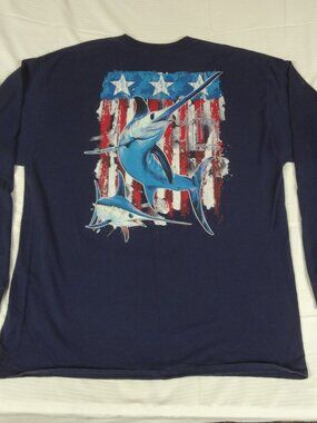 GUY HARVEY SWORDFISH AMERICAN FLAG BLUE 2XL LONG SLEEVE POCKET T-SHIRT L544